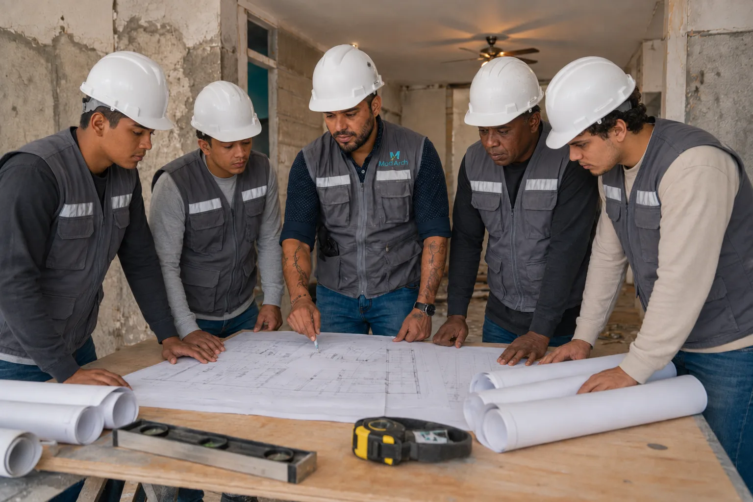Dando instrucciones a la cuadrilla sobre el plano de obra