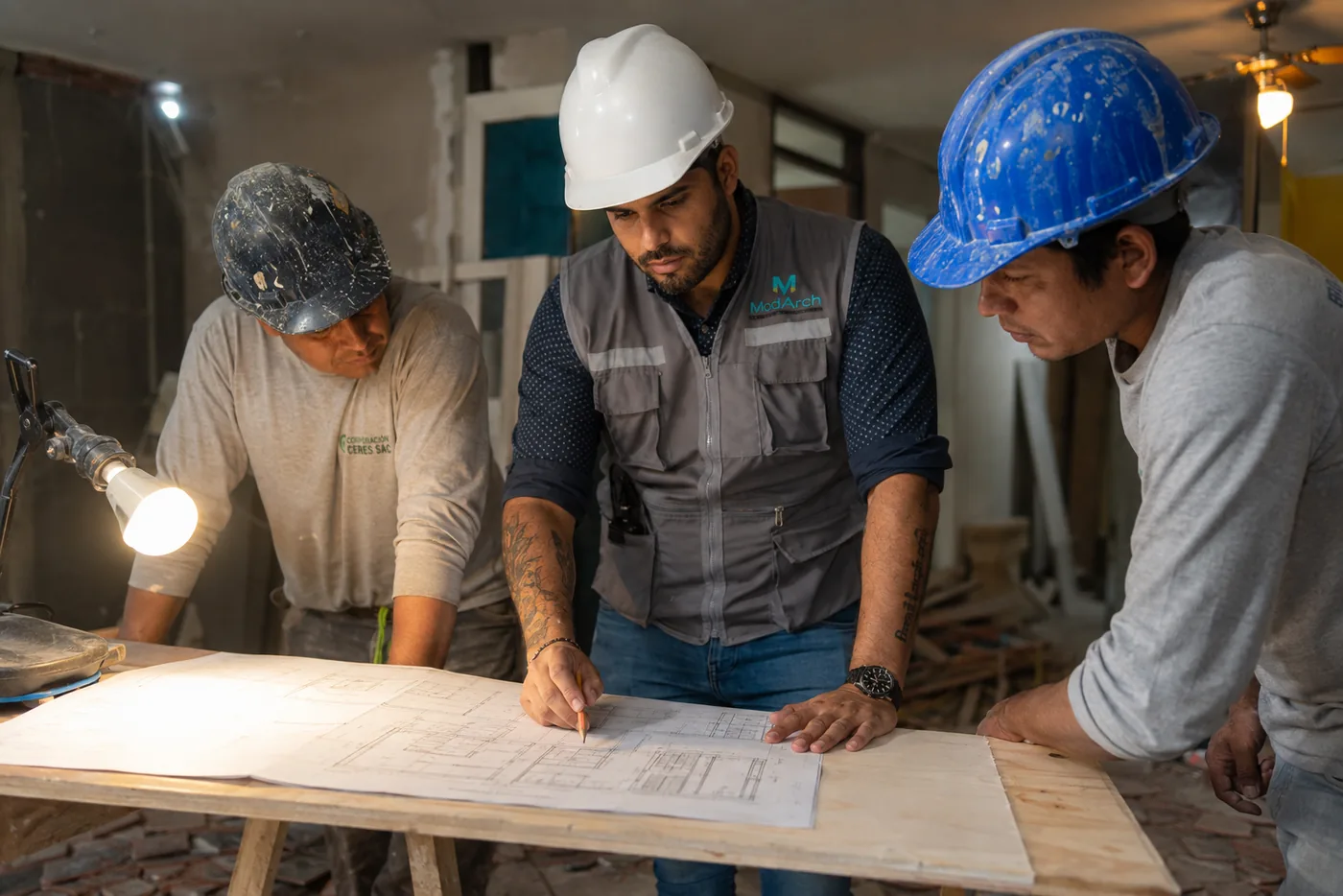 Revisando planos con el equipo técnico en obra